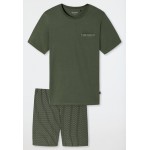 Schiesser H pyjama korte broek V-hals kaki -Fashion Nightwear