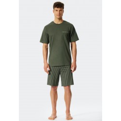 Schiesser H pyjama korte broek V-hals kaki -Fashion Nightwear